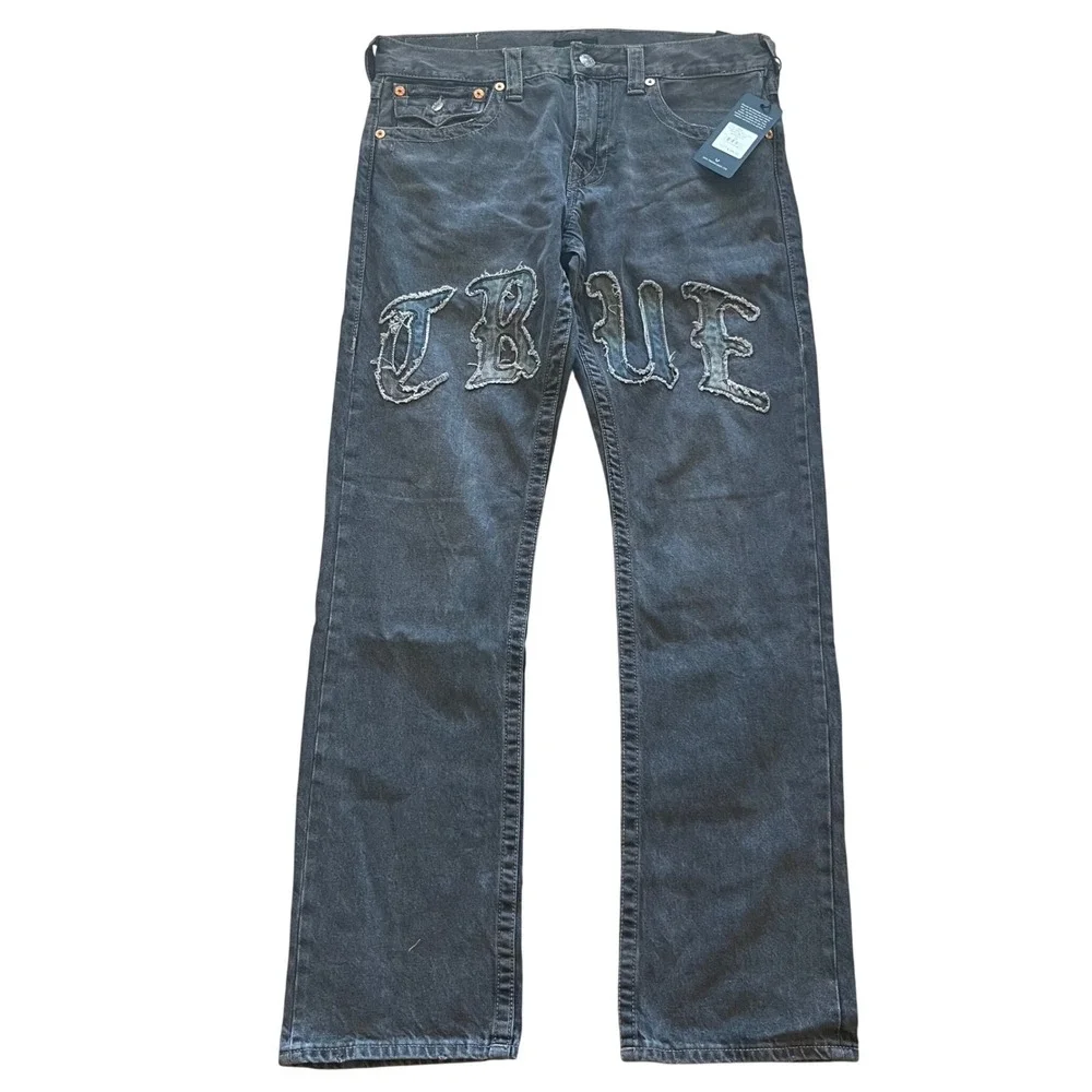 True Religion Ricky Relaxed Straight Jeans Black Compass Trail Applied TR Men 33